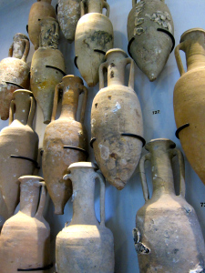 Clay amphorae filled with wines and sent TO France by Greeks and Romans